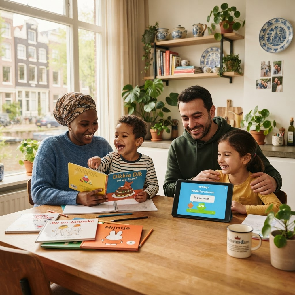 Gezinsmigranten leren samen thuis Nederlands aan de keukentafel met een tablet